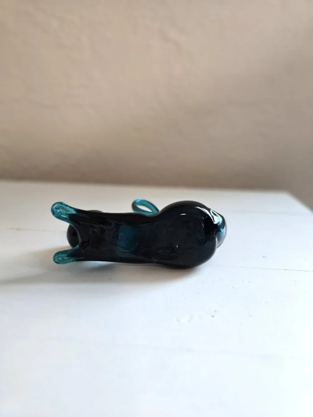 Vintage Hand Blown Glass Cat Figurine Teal/Dark Blue Black